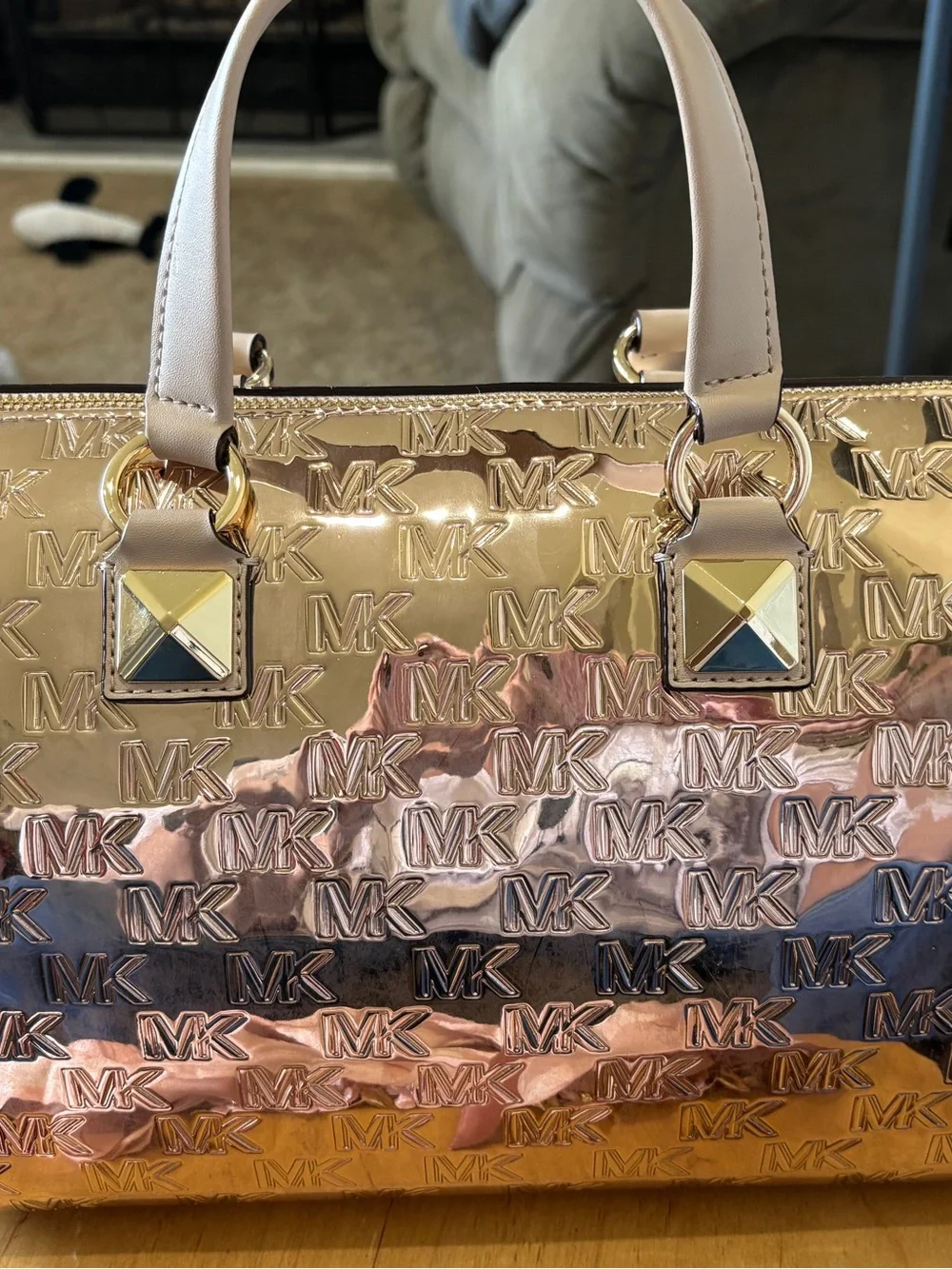 MICHAEL KORS GRAYSON ROSE GOLD MD DUFFLE SATCHEL With MK Logo Zip Around Wallet